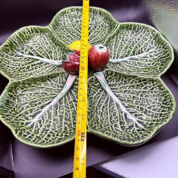 Vintage Majolica Cabbage Leaf Serving Plate With Fruit Accents 12 inch - Picture 7 of 8